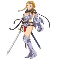 Rule 34 | 00s, 1girl, absurdres, armor, blonde hair, blue eyes, braid, breastplate, breasts, buckle, cleavage, curvy, full body, gauntlets, hairband, headband, highres, hisayuki hirokazu, holding, holding sword, holding weapon, large breasts, leina (queen&#039;s blade), looking at viewer, looking to the side, official art, queen&#039;s blade, revealing clothes, shiny skin, side braid, solo, standing, sword, thong, twin braids, weapon, wide hips