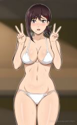 Rule 34 | 1girl, bikini, blush, breasts, brown eyes, brown hair, chainsaw man, cleavage, collarbone, cowboy shot, double v, eyelashes, feet out of frame, female focus, hair ornament, hairclip, higashiyama kobeni, highres, large breasts, lepypepy, looking at viewer, mole, mole under eye, mole under mouth, navel, open mouth, parted lips, patreon username, shiny skin, short hair, standing, sweat, swimsuit, teeth, thighs, upper teeth only, v, watermark, web address, white bikini