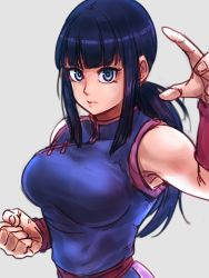 Rule 34 | 1girl, alternate eye color, armpits, bare shoulders, black hair, blue eyes, breasts, chi-chi (dragon ball), chinese clothes, clenched hand, dragon ball, dragon ball (classic), dress, expressionless, fighting stance, fingernails, grey background, kemachiku, looking at viewer, medium breasts, ponytail, simple background, sleeveless, sleeveless dress, solo, upper body, v-shaped eyebrows, wristband