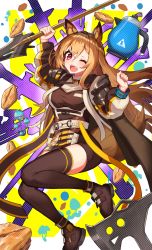 Rule 34 | 1girl, animal ears, arknights, arm over head, arm up, armor, axe, belt, belt buckle, belt collar, black thighhighs, boots, breasts, brown hair, brown skirt, buckle, ceobe (arknights), clenched hand, collar, commentary, cookie, dog ears, dog girl, dog tail, fang, food, full body, greypidjun, hair between eyes, head tilt, highres, holding, holding polearm, holding weapon, infection monitor (arknights), jacket, long hair, looking at viewer, one eye closed, oversized clothes, polearm, polka dot, polka dot background, red eyes, rhodes island logo (arknights), shoulder armor, skirt, smile, solo, spear, symbol-only commentary, tail, teapot, thighhighs, weapon, zettai ryouiki