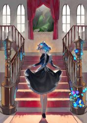 Rule 34 | 1girl, apron, black dress, black footwear, blue flower, blue hair, carpet, closed mouth, crying, curtains, day, dress, floating hair, flower, frilled apron, frills, from behind, hair flower, hair ornament, highres, indoors, juliet sleeves, long sleeves, looking at viewer, looking back, maid, maid apron, maid headdress, multicolored flower, nemuke2828, original, outstretched arms, painting (object), pink flower, portrait (object), profile, puffy sleeves, purple flower, railing, rainbow flower, red eyes, shirt, shoes, short hair, skirt hold, solo, stairs, twitter username, walking, white apron, white shirt, window