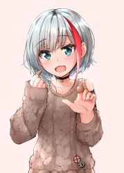 Rule 34 | 1girl, absurdres, admiral graf spee (azur lane), admiral graf spee (daily peaceful life) (azur lane), admiral graf spee (peaceful daily life) (azur lane), aran sweater, azur lane, blue eyes, brown sweater, cable knit, clothing cutout, food, food on hand, highres, looking at viewer, multicolored hair, no tail, official alternate costume, pin, pointing, pointing at viewer, ryou (ryo 217cafe), short hair, shoulder cutout, smile, snack, standing, streaked hair, sweater, white hair