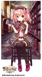 Rule 34 | age of ishtaria, belt, book, bookshelf, character request, coat, copyright name, copyright notice, hat, highres, long hair, mary janes, pink eyes, pink hair, ribbon, saeki touma, shoes, shorts, sitting, solo, stool, thighhighs, twintails, two side up