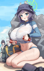 Rule 34 | absurdres, alternate breast size, aqua eyes, beach, bikini, bikini bottom only, blue archive, blush, breast hold, breasts, can, crop top, dishui tangni, drink can, halo, hat, high collar, highres, huge breasts, long sleeves, looking at viewer, medium hair, miyako (blue archive), miyako (swimsuit) (blue archive), miyu (blue archive), miyu (swimsuit) (blue archive), multiple girls, navel, open mouth, outdoors, purple hair, rock, saki (blue archive), saki (swimsuit) (blue archive), sitting, smile, soda can, solo focus, swimsuit