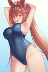 Rule 34 | absurdres, animal ears, antenna hair, armpits, arms up, backlighting, bad id, bad pixiv id, blue background, blue gemstone, blue one-piece swimsuit, blush, bow, breasts, brown hair, colored eyelashes, competition school swimsuit, competition swimsuit, cowboy shot, daiwa scarlet (umamusume), gem, gradient background, hair between eyes, hair bow, hair intakes, hair ornament, highleg, highleg swimsuit, highres, horse ears, horse girl, large breasts, long hair, looking at viewer, one-piece swimsuit, open mouth, red bow, red eyes, school swimsuit, sideboob, simple background, solo, standing, swimsuit, thighs, tiara, twintails, umamusume, very long hair, wet, xixing si yao meng