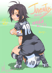 Rule 34 | 1girl, :p, antenna hair, armband, ass, ball, black hair, black socks, blush, cleats, clothes writing, color connection, dated, from behind, highres, idolmaster, idolmaster (classic), inoue sora, italian text, italy, juventus, juventus fc, kikuchi makoto, kneehighs, looking at viewer, looking back, pantylines, purple eyes, revision, ribbed legwear, short hair, shorts, signature, sitting, sitting on object, smile, soccer, soccer ball, soccer uniform, socks, solo, sportswear, squatting, tongue, tongue out, wristband
