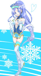 Rule 34 | 1girl, arm warmers, blue eyes, blue hair, blue rose (tiger &amp; bunny), blue rose (tiger &amp; bunny) (cosplay), boots, breasts, chimu (chimoon), cleavage, cosplay, crossover, cure diamond, detached sleeves, dokidoki! precure, earrings, eyelashes, gloves, hair ornament, headdress, heart, highres, hishikawa rikka, jewelry, kotobuki minako, lipstick, long hair, looking at viewer, magical girl, makeup, matching hair/eyes, ponytail, precure, voice actor connection, solo, standing, thigh boots, thighhighs, tiger &amp; bunny