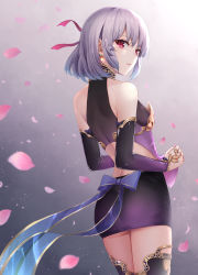 Rule 34 | 1girl, ass, back bow, bare shoulders, black dress, black thighhighs, blue bow, blue hair, bow, breasts, cowboy shot, detached sleeves, dress, earrings, fate/grand order, fate (series), from behind, gradient background, gradient hair, grey background, highres, ironatsuki, jewelry, kama (fate), kama (first ascension) (fate), long sleeves, looking at viewer, looking back, multicolored hair, parted lips, petals, purple eyes, ring, short dress, short hair, silver hair, small breasts, solo, thighhighs