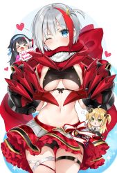 Rule 34 | &gt; &lt;, 3girls, :d, admiral graf spee (azur lane), admiral graf spee (world&#039;s cutest) (azur lane), admiral graf spee (world&#039;s cutest) (azur lane), admiral hipper (azur lane), admiral hipper (muse) (azur lane), ahoge, azur lane, bare shoulders, bike shorts, blonde hair, blue eyes, breasts, claws, commentary, covered mouth, cowboy shot, deutschland (azur lane), green eyes, grey hair, hair ornament, headband, heart, heart hands, highres, holding, leg belt, long hair, looking at viewer, medium breasts, miniskirt, multicolored hair, multiple girls, navel, off shoulder, one eye closed, open mouth, red hair, red skirt, scarf, short hair, shorts, shorts under skirt, sidelocks, sign, sino (sionori), skirt, smile, stomach, streaked hair, sweat, two side up, underboob, white background, xd