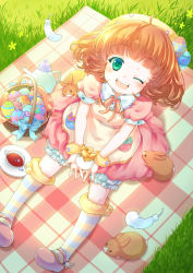 Rule 34 | 1girl, ;d, ahoge, bird, blanket, blonde hair, bow, broken egg, chick, cup, dress, easter, easter egg, egg, feathers, food-themed hair ornament, from above, girlfriend (kari), grass, green eyes, hair ornament, hasegawa miu, looking at viewer, one eye closed, open mouth, picnic, picnic basket, pink dress, pink footwear, rabbit, saucer, shoes, short hair, smile, socks, solo, striped clothes, striped legwear, striped socks, teacup, teapot, winged footwear, wings