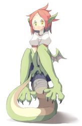 Rule 34 | 1girl, 4138, bike shorts, blush stickers, dragon girl, female focus, full body, monster girl, original, pointy ears, simple background, solo, tail, tail stand, white background, wings, yellow eyes