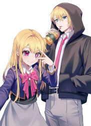Rule 34 | 1boy, 1girl, absurdres, belt, black belt, black jacket, black sweater vest, blonde hair, blue eyes, blue jacket, bow, bowtie, brother and sister, closed mouth, collared shirt, commentary, cowboy shot, cropped jacket, cup, drinking straw, grey pants, grey skirt, hair between eyes, highres, holding, holding cup, hood, hood up, hooded jacket, hoshino aquamarine, hoshino ruby, jacket, korean commentary, long hair, long sleeves, looking at viewer, milk by u, mismatched pupils, necktie, one side up, oshi no ko, pants, parted lips, pink bow, pink bowtie, pink eyes, red necktie, school uniform, selfie, shirt, short hair, siblings, sidelocks, simple background, skirt, smile, star-shaped pupils, star (symbol), sweater vest, symbol-shaped pupils, twins, v over eye, white background, white shirt, youtou high school uniform