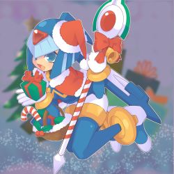 Rule 34 | 1girl, absurdres, android, bad id, bad pixiv id, basket, bell, blue eyes, bodysuit, bow, bracelet, candy, candy cane, capcom, christmas, christmas tree, food, full body, gift, gloves, hat, helmet, highres, holding, jewelry, fairy leviathan (mega man), omeehayo, open mouth, polearm, gift, ribbon, mega man (series), mega man zero (series), santa hat, smile, solo, solo focus, spear, weapon, white gloves