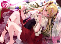 Rule 34 | 1girl, absurdres, barefoot, blonde hair, blush, bow, bowtie, brown eyes, closed mouth, corset, curtains, dress shirt, earrings, eretto, food, from below, fruit, grapes, hair between eyes, hair ribbon, high-waist skirt, highres, jewelry, leg ribbon, lolita fashion, long hair, lying, miniskirt, on back, original, pillow, pleated skirt, red bow, red bowtie, red ribbon, red skirt, ribbon, shirt, skirt, solo, twintails, very long hair, white shirt