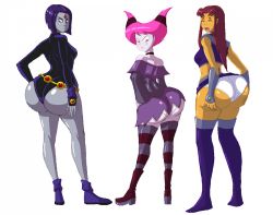 Rule 34 | 3girls, alien, alternate ass size, ankle boots, artist request, ass, bare shoulders, belt, black choker, blush stickers, boots, breasts, choker, closed eyes, colored skin, dc comics, forehead jewel, from behind, full body, grey skin, huge ass, jinx (dc), leotard, long hair, looking back, midriff, miniskirt, multiple girls, panties, pantyshot, pink hair, purple footwear, purple hair, raven (dc), red hair, short hair, simple background, skirt, small breasts, standing, starfire, striped legwear, tagme, teen titans, thigh boots, thighhighs, underwear, white background, white panties