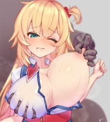 Rule 34 | 1girl, akai haato, akai haato (1st costume), bad id, bad pixiv id, blonde hair, blue eyes, breast hold, breasts, closed mouth, collarbone, covered erect nipples, dark-skinned male, dark skin, drooling, hair between eyes, hair ornament, highres, hololive, large breasts, long hair, nipple press, nipple stimulation, nipple tweak, nipples, one breast out, one eye closed, solo focus, upper body, virtual youtuber, yoshiwa tomo
