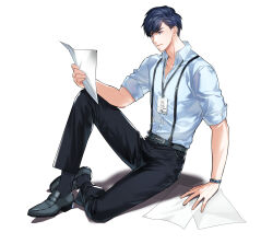 Rule 34 | 1boy, alternate hair color, arm support, belt, black footwear, black hair, black pants, black socks, blue eyes, blue shirt, business suit, chulsoo kim (closers), closed mouth, closers, collared shirt, dress shirt, dress shoes, formal, full body, grey belt, hand up, highres, holding, holding paper, id card, knee up, lanyard, looking down, male focus, official art, on ground, pant suit, pants, paper, reading, salaryman, shadow, shirt, shirt tucked in, short hair, sitting, sleeves pushed up, socks, solo, suit, suspenders, watch, white background, wristwatch