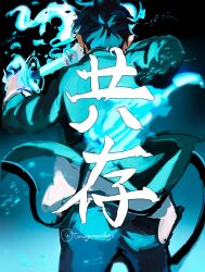 Rule 34 | 1boy, ao no exorcist, black background, blue background, blue fire, commentary, cowboy shot, fire, highres, holding, holding sword, holding weapon, imamuu (imamoon), jacket, male focus, okumura rin, pants, short hair, simple background, solo, sword, tail, weapon