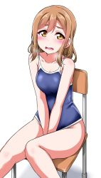 Rule 34 | 1girl, between legs, blue one-piece swimsuit, blush, breath, brown eyes, brown hair, chair, collarbone, commentary request, competition school swimsuit, hand between legs, kunikida hanamaru, long hair, looking at viewer, love live!, love live! sunshine!!, one-piece swimsuit, open mouth, school chair, school swimsuit, sitting, solo, swimsuit, wet, white background, yellow eyes, yopparai oni