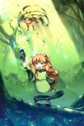Rule 34 | 1boy, androgynous, blue eyes, brown hair, dryad, dryad (seiken densetsu), facepaint, feather hair ornament, feathers, forest, green hair, hair ornament, long hair, male focus, nature, open mouth, popoi (seiken densetsu 2), red hair, seiken densetsu, seiken densetsu 2, smile, solo, sunakumo, wand