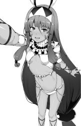 Rule 34 | 1girl, :d, absurdly long hair, ankle lace-up, blush, breasts, commentary request, cross-laced footwear, dark-skinned female, dark skin, facial mark, fate/grand order, fate (series), greyscale, hair between eyes, highres, long hair, low-tied long hair, monochrome, navel, nitocris (fate), open mouth, reaching, reaching towards viewer, selfie, sidelocks, simple background, small breasts, smile, solo, sumisu (mondo), underboob, usekh collar, very long hair, white background