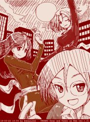 Rule 34 | 10s, 3girls, ;), abazu-red, arm up, character request, dated, girls und panzer, glasses, hair between eyes, long hair, monochrome, multiple girls, one eye closed, red theme, short hair, smile, snapping fingers, tegaki, tegaki draw and tweet