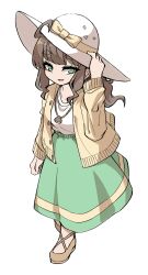 Rule 34 | 1boy, a.i. voice, adjusting clothes, adjusting headwear, blunt bangs, brown hair, cardigan, fun bo, green eyes, green skirt, hat, highres, jewelry, kurita maron, long hair, long skirt, long sleeves, looking at viewer, necklace, niconico, official alternate costume, official art, open mouth, simple background, skirt, smile, sun hat, thick eyebrows, trap, white background, white hat, yellow cardigan, yellow footwear
