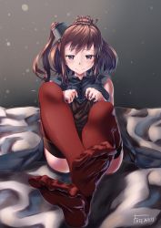 Rule 34 | 10s, 1girl, black dress, blue eyes, breast pocket, breasts, brown hair, clothes lift, dress, dress lift, facing viewer, feet, foot focus, hair between eyes, highres, kantai collection, large breasts, looking at viewer, no shoes, pocket, ponytail, red thighhighs, saratoga (kancolle), saratoga mk ii (kancolle), side ponytail, sidelocks, smile, soles, solo, thighhighs, toes, xfate