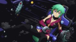 Rule 34 | 10s, 1girl, animated, animated gif, aquarion (series), aquarion evol, bare shoulders, breasts, cockpit, green hair, medium breasts, navel, non-web source, pilot suit, screencap, self clothes tearing, solo, tearing clothes, torn clothes, zessica wong