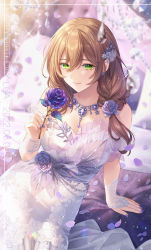Rule 34 | 1girl, absurdres, alternate costume, arm support, asymmetrical hair, blue nails, braid, braided ponytail, breasts, bridal gauntlets, brown hair, bshi edayo, character name, cleavage, closed mouth, commentary, cowboy shot, dated, dress, floral print, flower, gem, genshin impact, green eyes, hair between eyes, hair flower, hair ornament, hair over shoulder, happy birthday, highres, holding, holding flower, jewelry, lace, lisa (genshin impact), long hair, looking at viewer, medium breasts, multicolored nails, nail polish, necklace, on bed, pillow, purple nails, sitting, smile, solo, sparkle, strapless, strapless dress, white dress, wrist cuffs