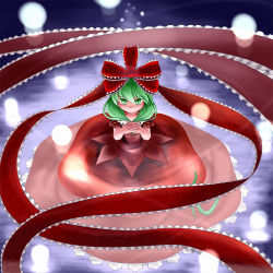 Rule 34 | 1girl, araki (qbthgry), bow, dress, female focus, folded hands, frills, from above, front ponytail, green eyes, green hair, hair bow, hair ribbon, own hands clasped, kagiyama hina, matching hair/eyes, own hands together, ribbon, solo, touhou