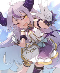 Rule 34 | 1girl, ahoge, arm cuffs, black horns, braid, braided bangs, commentary request, fangs, gloves, grey hair, headset, highres, hololive, hololive idol uniform, horns, la+ darknesss, long hair, miya kazutomo, multicolored hair, official alternate costume, one eye closed, open mouth, pointy ears, purple hair, single thighhigh, skirt, slit pupils, solo, streaked hair, striped horns, sweat, thigh strap, thighhighs, virtual youtuber, white gloves, white skirt, yellow eyes