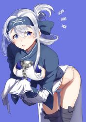 Rule 34 | 10s, 1girl, ainu, ainu clothes, bad id, bandana, black thighhighs, blue eyes, breasts, clothes lift, commentary request, cropped jacket, dress, folded ponytail, hair between eyes, headband, kamoi (kancolle), kantai collection, long hair, long sleeves, looking at viewer, open mouth, panties, sidelocks, simple background, skirt, skirt lift, sleeveless, sleeveless dress, solo, tachikoma (mousou teikoku), thick eyebrows, thighhighs, underwear, white dress, white hair