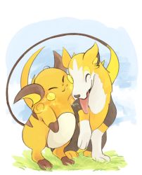 Rule 34 | :3, affectionate, animal focus, boltund, closed mouth, commentary request, creatures (company), cuddling, electricity, closed eyes, game freak, gen 1 pokemon, gen 8 pokemon, grass, highres, kono2noko, nintendo, pokemon, pokemon (creature), raichu, smile, standing, tongue, tongue out