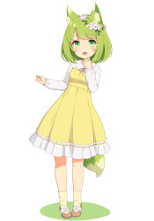 Rule 34 | 1girl, :d, animal ears, blush, brown footwear, dot nose, dress, flower, fox ears, fox tail, full body, green eyes, green hair, hair flower, hair ornament, hand up, looking at viewer, neck ribbon, open mouth, original, red ribbon, ribbon, sasaame, shoes, simple background, skirt, smile, socks, solo, standing, tail, white background, white flower, yellow dress, yellow skirt, yellow socks