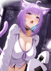 Rule 34 | 1girl, absurdres, ahoge, animal collar, animal ears, black collar, blush, breasts, cat ears, cat girl, cat tail, collar, collared shirt, colored inner hair, highres, hololive, large breasts, long sleeves, looking at viewer, multicolored hair, nekomata okayu, nekomata okayu (oversized shirt), onigirya (nekomata okayu), open mouth, purple hair, roina (effj7473), shirt, solo, tail, virtual youtuber, white shirt