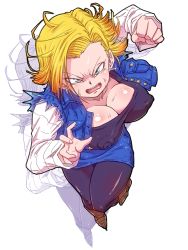 Rule 34 | 1girl, android 18, blonde hair, blue eyes, breasts, cleavage, dragon ball, dragonball z, earrings, covered erect nipples, looking at viewer, open mouth, rickert kai, solo