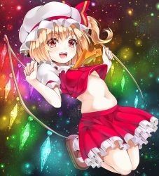 Rule 34 | 1girl, ascot, blonde hair, bow, breasts, child, flandre scarlet, glowing, glowing wings, hat, hat bow, jumping, looking at viewer, midriff, mikoma sanagi, navel, open mouth, pink eyes, puffy sleeves, revision, shirt, short sleeves, side ponytail, skirt, small breasts, smile, solo, touhou, underboob, upshirt, vest, wings