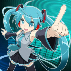 Rule 34 | 1girl, aqua eyes, aqua hair, detached sleeves, foreshortening, hatsune miku, headphones, long hair, looking at viewer, necktie, open mouth, pointing, skirt, solo, thighhighs, twintails, very long hair, vocaloid, yazwo