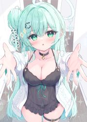 Rule 34 | 1girl, ahoge, angel, angel wings, black camisole, black choker, black panties, blush, bow, bow panties, breasts, camisole, choker, cleavage, collarbone, commentary request, feathered wings, glint, green eyes, green hair, hair bun, halo, halo ornament, highres, incoming hug, indoors, large breasts, long hair, long sleeves, looking at viewer, mikaze oto, mini wings, navel, open mouth, original, outstretched arms, panties, reaching, reaching towards viewer, see-through, single side bun, solo, thigh strap, translation request, underwear, wings