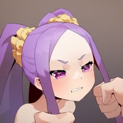 Rule 34 | 1boy, 1girl, bad id, bad twitter id, blush, breasts, clenched teeth, collarbone, fate/grand order, fate (series), forehead, grabbing another&#039;s hair, gradient background, hair ornament, hair scrunchie, long hair, nude, open mouth, parted bangs, portrait, pov, pov hands, purple eyes, purple hair, scrunchie, sidelocks, small breasts, teeth, twintails, very long hair, viroa, wince, wu zetian (fate), yellow scrunchie