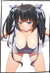 Rule 34 | 1girl, bad id, bad pixiv id, bent over, black hair, blue eyes, blush, breasts, covered navel, dress, dungeon ni deai wo motomeru no wa machigatteiru darou ka, gloves, hands on own hips, hanging breasts, hestia (danmachi), kei (soundcross), large breasts, leaning forward, long hair, looking at viewer, medium breasts, rei no himo, simple background, sleeveless, sleeveless dress, smile, solo, standing, twintails, white background, white dress, white gloves