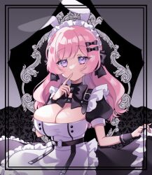Rule 34 | 1girl, animal ears, apron, belt, black bow, black bowtie, black dress, black wrist cuffs, bow, bowtie, breasts, cleavage, commission, dress, fake animal ears, finger to mouth, frilled apron, frilled dress, frills, hair bow, holding, holding clothes, holding dress, indie virtual youtuber, juliet sleeves, large breasts, long hair, long sleeves, maid, maid headdress, momomo ri, o-ring, o-ring belt, pink hair, puffy sleeves, purple eyes, rabbit ears, skeb commission, solo, totsuka suu (vtuber), two-tone dress, white apron, wrist cuffs