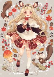 Rule 34 | 1girl, :d, acorn, animal ears, apron, artist name, autumn, autumn leaves, blonde hair, blunt bangs, bow, braid, branch, brown footwear, brown hairband, capelet, commentary, deer ears, fangs, footwear bow, full body, grey background, hairband, hand up, highres, hikimayu, holding, holding leaf, lace-trimmed capelet, lace trim, layered skirt, leaf, long hair, looking at viewer, mushroom, open mouth, orange eyes, original, red skirt, shoes, side braids, signature, skin fangs, skirt, smile, socks, solo, squirrel, standing, standing on one leg, tabi 0v0, twin braids, waist apron, waist bow, white apron, white capelet, white socks