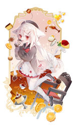 Rule 34 | 1girl, ahoge, amafuyu, animal ear fluff, animal ears, armchair, beret, black footwear, black hat, black sailor collar, blush, brown hair, chair, chocolate, coffee cup, commentary request, cup, disposable cup, dress, food, fruit, full body, grey jacket, hair ornament, hairclip, hands up, hat, heart, highres, holding, holding cup, jacket, lemon, lemon slice, long hair, long sleeves, looking at viewer, low twintails, omelet, omurice, open mouth, original, pixelated, pudding, puffy long sleeves, puffy sleeves, sailor collar, sailor dress, sakurada shiro (hy plus), shoes, single sock, single thighhigh, socks, solo, tail, tea, teacup, thighhighs, twintails, very long hair, water drop, white dress, white socks, white thighhighs