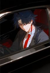 Rule 34 | 1boy, black hair, blade (honkai: star rail), car, closed mouth, collared shirt, driving, earrings, formal, hair over one eye, highres, honkai: star rail, honkai (series), illix233, jewelry, looking at viewer, male focus, motor vehicle, necktie, red eyes, red necktie, shirt, solo, suit, white shirt
