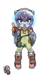 Rule 34 | 1girl, @ @, alien, boots, breasts, brown hair, cleft of venus, colored nipples, colored skin, creature and personification, crossed bangs, detached sleeves, fang, full body, gloves, green skin, grey sleeves, hair between eyes, hand on own hip, helmet, knee boots, long sleeves, looking at viewer, martian officer, navel, nipples, no nose, nyong nyong, open mouth, orange footwear, orange gloves, puffy long sleeves, puffy sleeves, purple nipples, purple pussy, pussy, reference inset, short hair, simple background, small breasts, solo, space helmet, standing, terraria, thigh strap, tsurime, uncensored, v-shaped eyebrows, white background