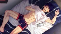 Rule 34 | 1boy, abs, ace anderson, bedroom, blue hair, boxers, bulge, clothes lift, collaboration, dark blue hair, feet out of frame, floor, from above, highres, indoors, jock studio (blits games), looking at viewer, male focus, male underwear, mikkoukun, navel, non-web source, official art, on bed, one eye closed, open mouth, phone, shirt, shirt lift, short hair, solo, teeth, underwear, upper teeth only, variant set, wall, white shirt, zamius