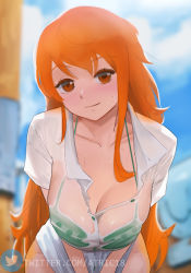 Rule 34 | 1girl, atric18, bikini, blue sky, blurry, blurry background, blush, breasts, brown eyes, cleavage, closed mouth, cloud, collarbone, collared shirt, commentary, day, depth of field, female focus, green bikini, highres, large breasts, leaning forward, long hair, looking at viewer, nami (one piece), one piece, orange hair, outdoors, see-through, shirt, shirt tug, sky, solo, swimsuit, twitter logo, twitter username, very long hair, watermark, web address, wet, wet clothes, wet shirt, white shirt