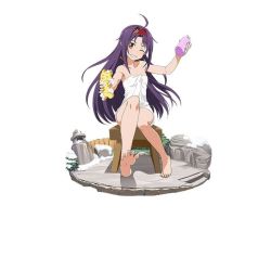 Rule 34 | 1girl, ;d, ahoge, barefoot, blush, breasts, cleavage, collarbone, feet, floating hair, full body, grin, hairband, holding, long hair, naked towel, one eye closed, open mouth, purple hair, red eyes, red hairband, simple background, sitting, small breasts, smile, soap, soles, solo, spread toes, sword art online, toes, towel, very long hair, white background, white towel, yuuki (sao)
